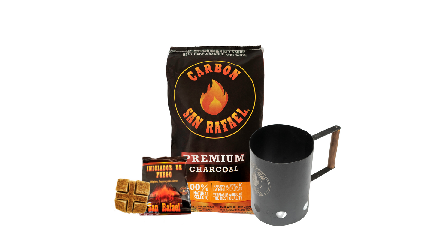 Juego para Empezar tu Asado, Encendedor de Carbón, Iniciador de Fuego y Bolsa Carbón 3 kgs